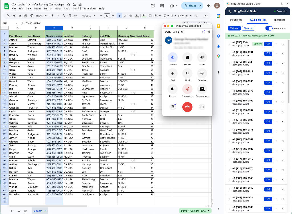 A call in progress with the call list visible alongside Google Sheets