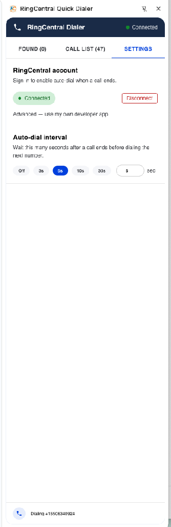 Settings tab showing Connected status and auto-dial interval options